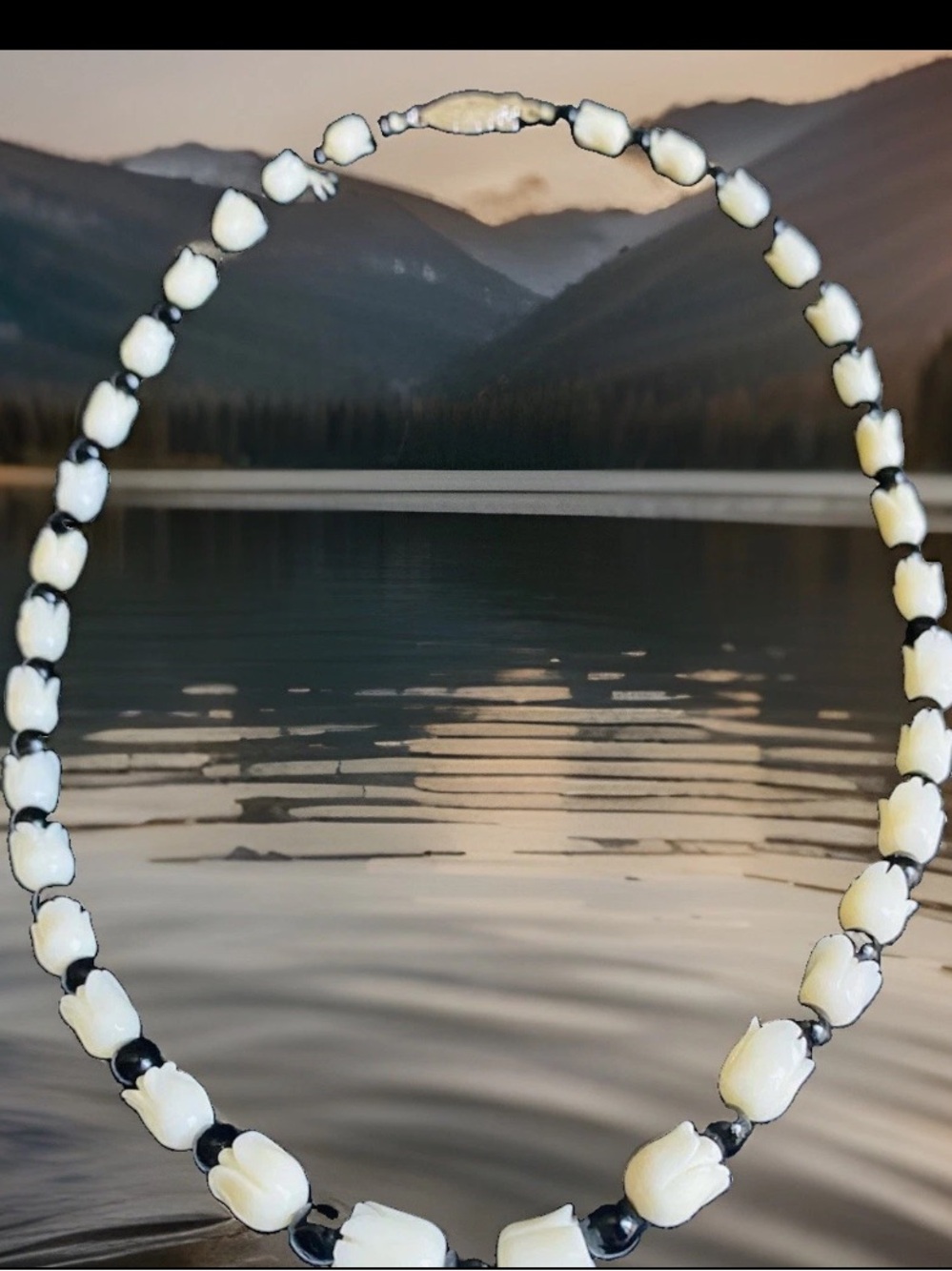Vintage Les Bernard Faux Ivory and Onyx Tulip Alternating Beaded Necklace Black